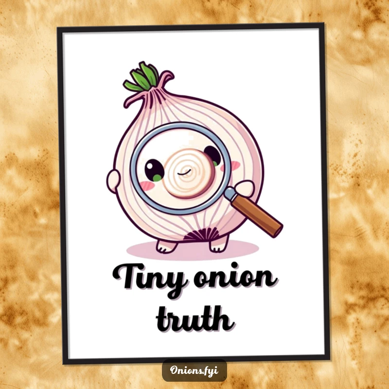Funny digital art print of an onion character using a magnifying glass to inspect a tiny onion slice, highlighting detail.