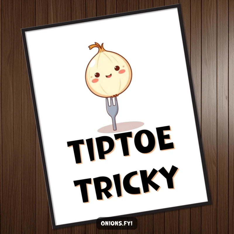 Funny balancing onion digital art print, a round onion character comically balanced on a tiny fork, whimsical food art.