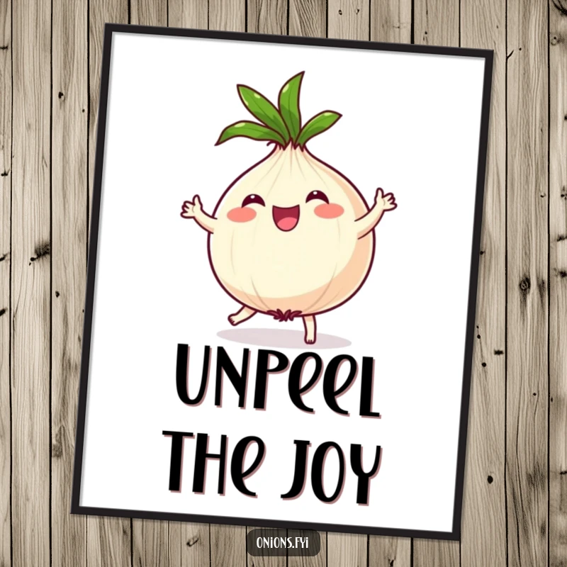 Funny Onion Digital Art: Joyful onion character dances with spinning leafy top, vibrant and humorous wall decor.