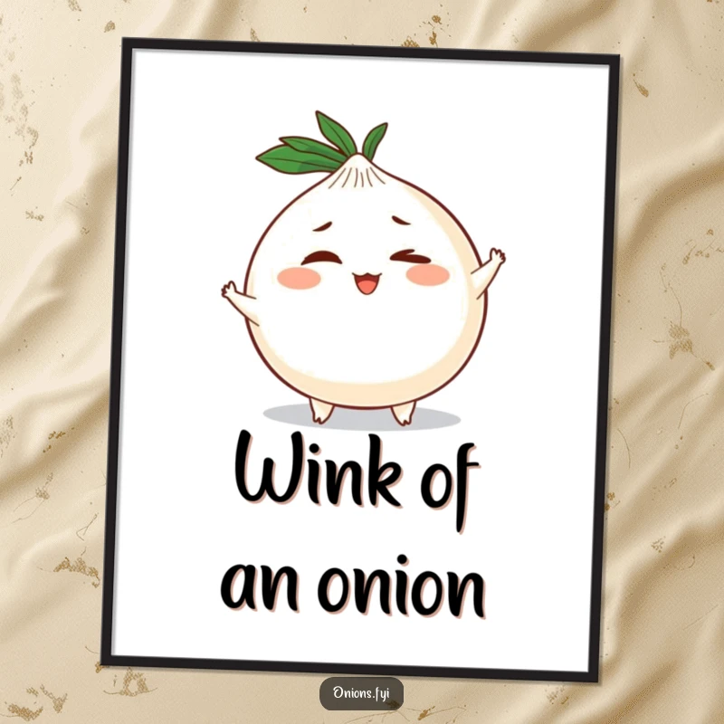 Funny digital art of a round onion character with tiny arms and legs, delivering a mischievous wink, perfect for playful decor.