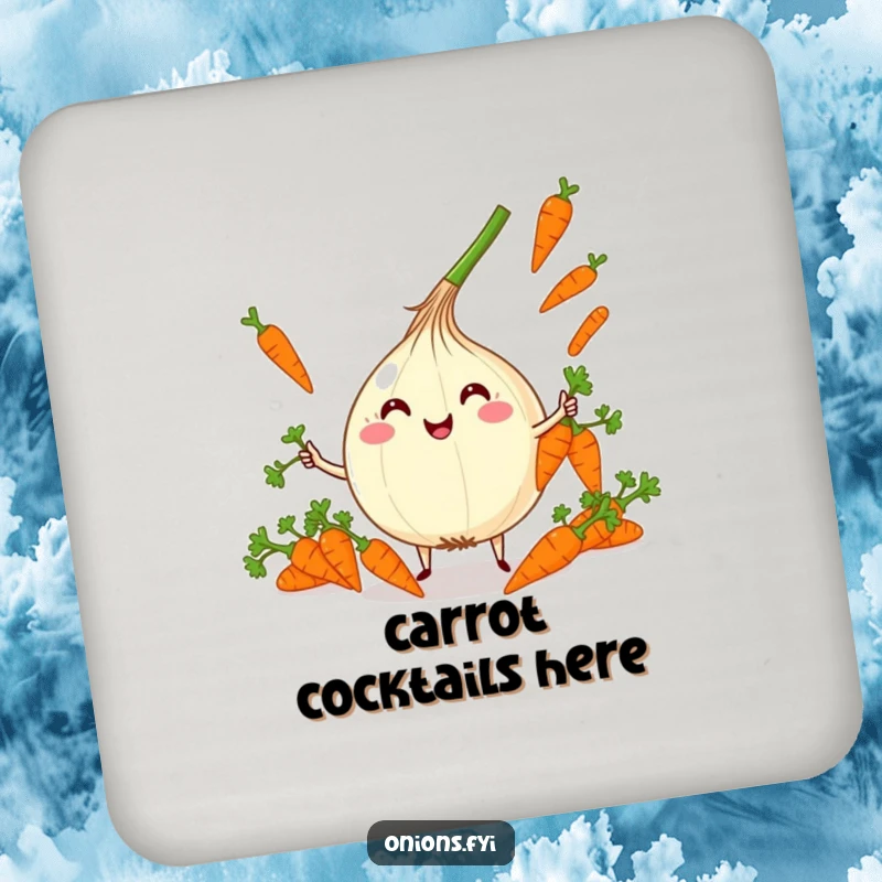 Funny Kawaii Onion Juggling Coaster: Adorable onion character joyfully juggling carrots, ideal funny gift.