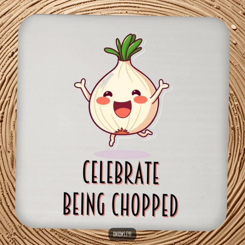 Funny Onion Coasters: A kawaii onion celebrates its fun shapes after chopping, offering protection and smiles.