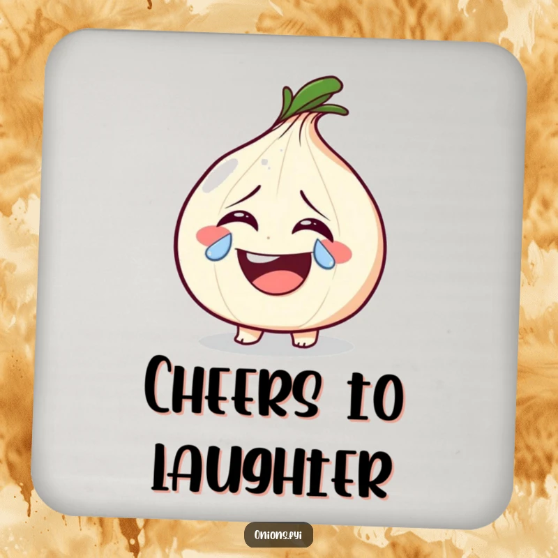 Funny onion character laughing with a sparkly tear on a drink coaster, adding humor and surface protection.