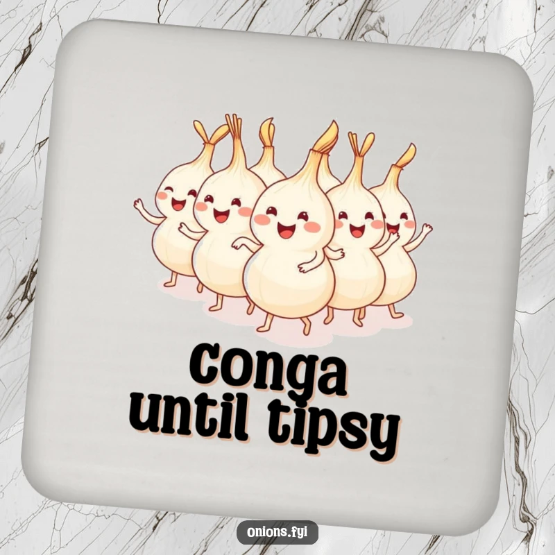 Funny onions dancing in a conga line on a drink coaster, adding a festive touch.