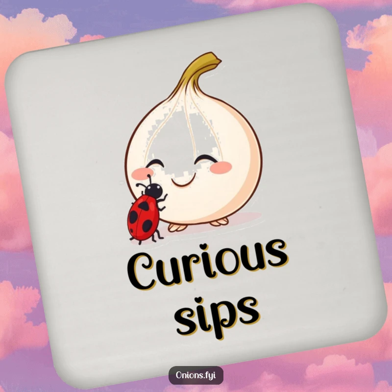 Funny Curious Onion Drink Coaster with a smiling onion and antennae examining a ladybug, for surface protection.