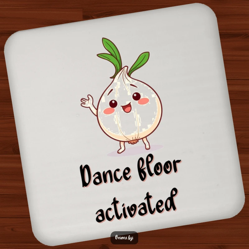 Funny Kawaii Onion Dance Coaster: Adorable onion character dancing silly, leafy top waving, ideal funny gift.