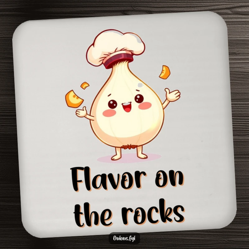 Funny chef onion character juggling slices featured on coasters, protecting surfaces with humor.