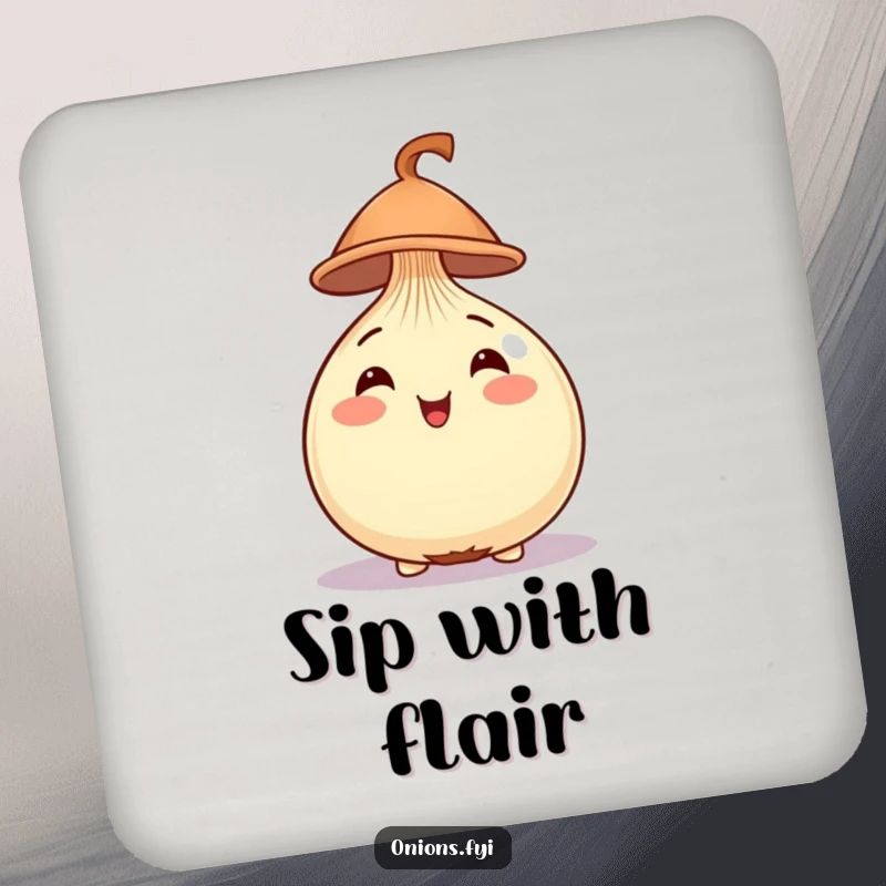 Funny Onion Drink Coaster with a cheerful onion balancing a tiny hat, protecting surfaces with charm.