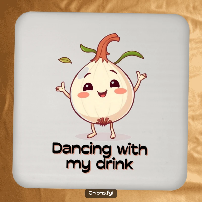 Funny dancing onion coaster, a smiling onion character playfully dancing with leaves flying, adds fun and protects surfaces.