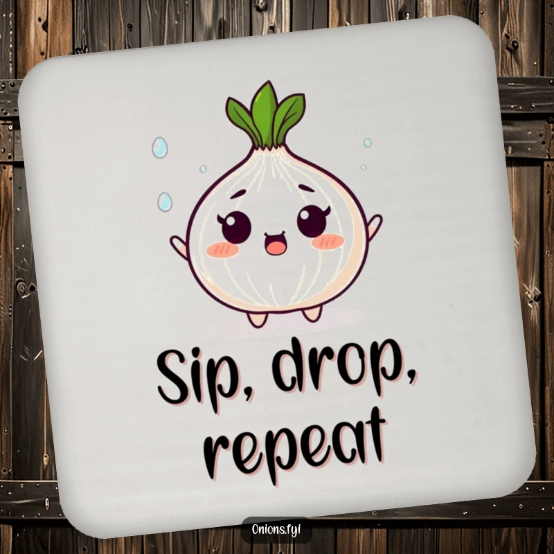 Funny drink coaster with a surprised onion character juggling tiny, shining droplets, adding busy humor to surfaces.