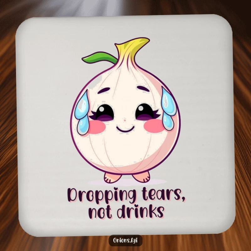 Funny drink coaster with a smiling onion character wearing large, comical tears as earrings, adding emotional humor to surfaces.