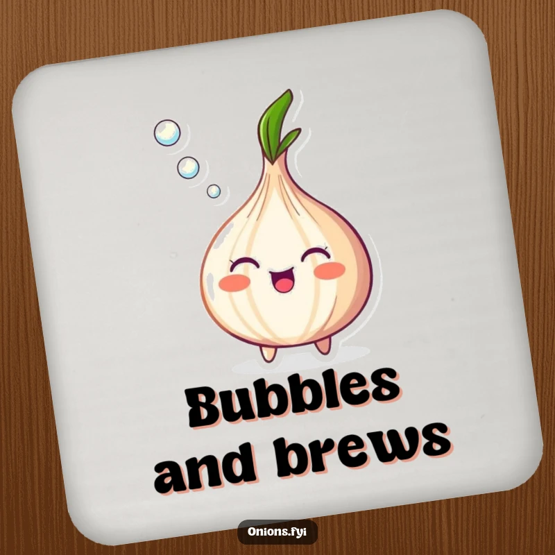 Funny Onion Drink Coaster with a happy onion blowing a stream of tiny bubbles, protecting surfaces.