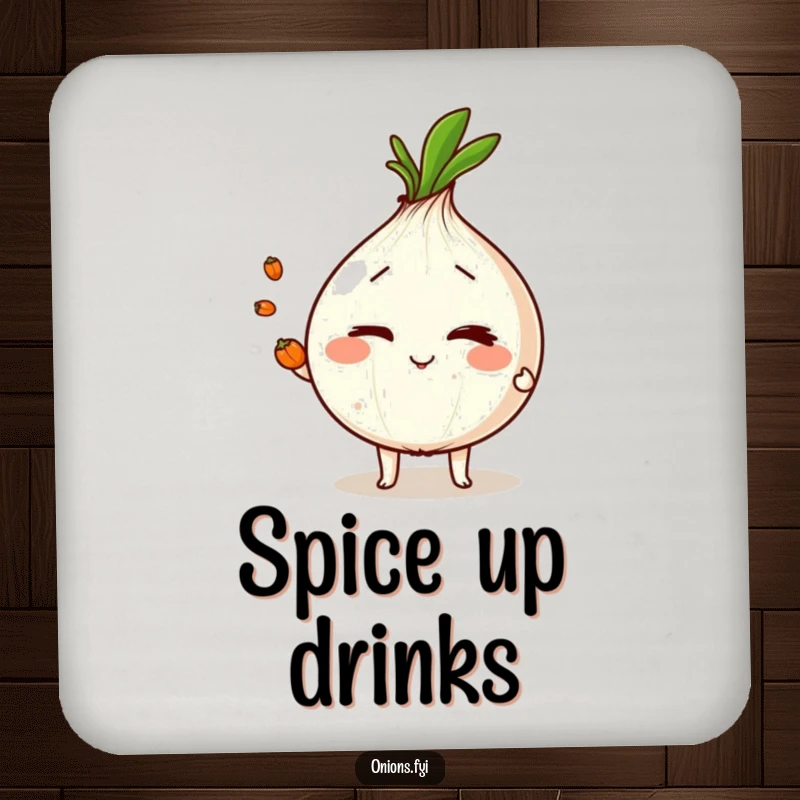 Funny onion character winking and juggling peppercorns, a set of humorous drink coasters for table protection.
