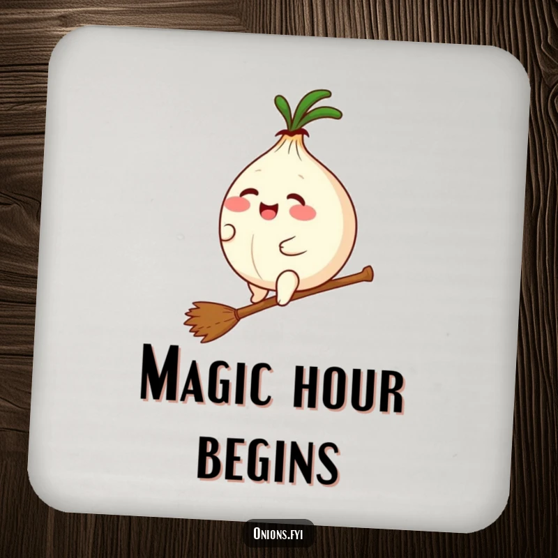 Funny drink coaster featuring a plump kawaii onion giggling while riding a tiny broomstick, perfect for adding magical charm to any table.
