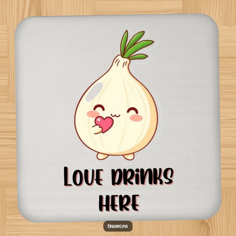 Funny Kawaii onion character holding a small heart above its head with affection, set of coasters with cute and loving theme, protects furniture.