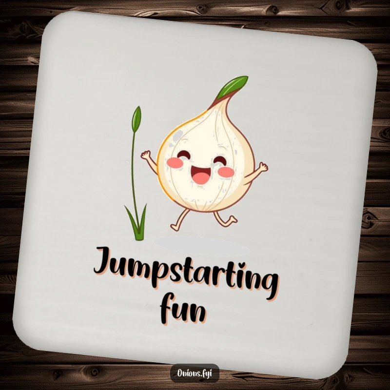 Funny Kawaii Onion Drink Coaster with an excited onion jump-roping with a blade of grass, for surface protection.