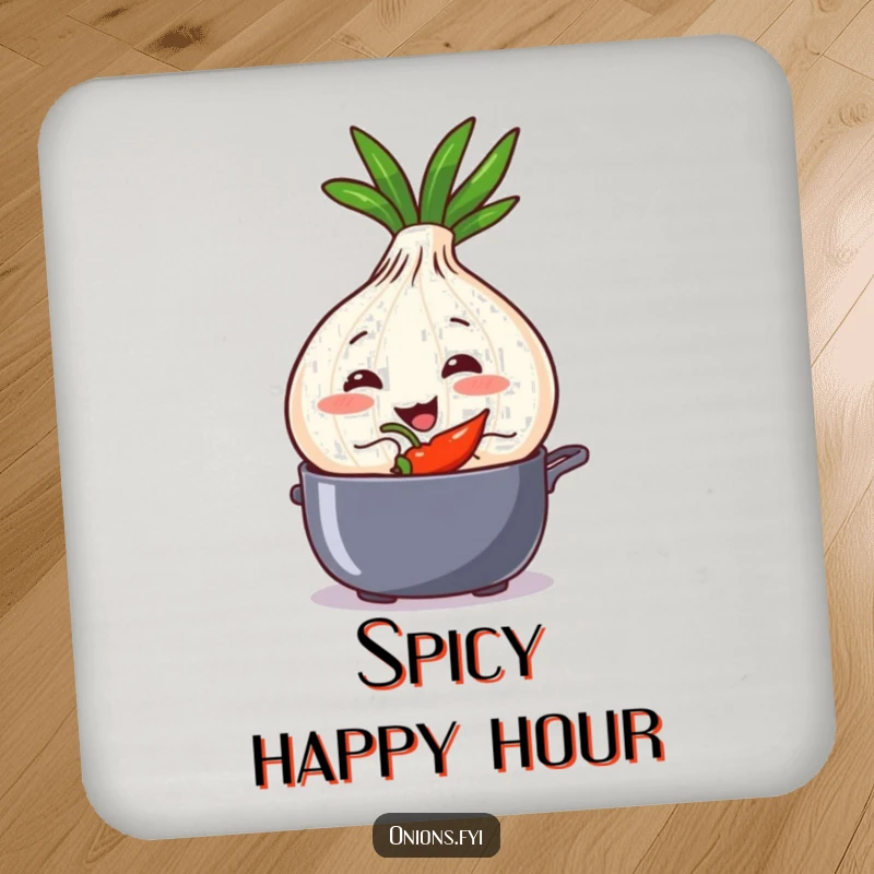 Funny onion character with a sly smile, adding a chili pepper to a pot, on a drink coaster.