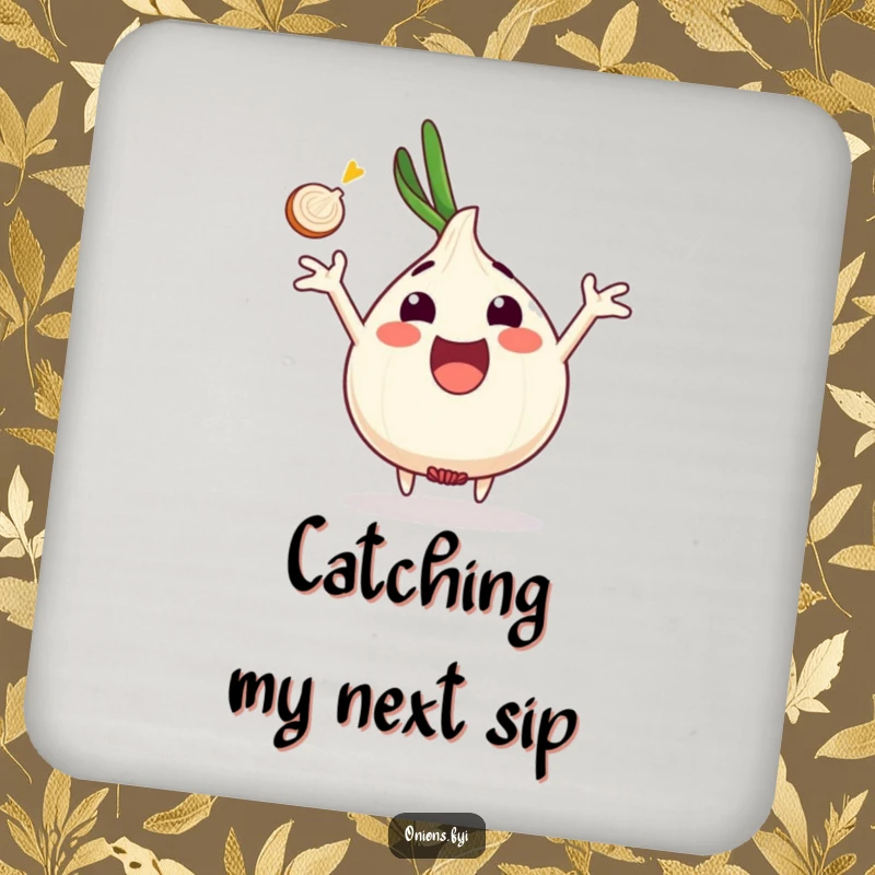 Funny onion character excited, arms outstretched catching onion slice, drink coaster, playful and funny gift.