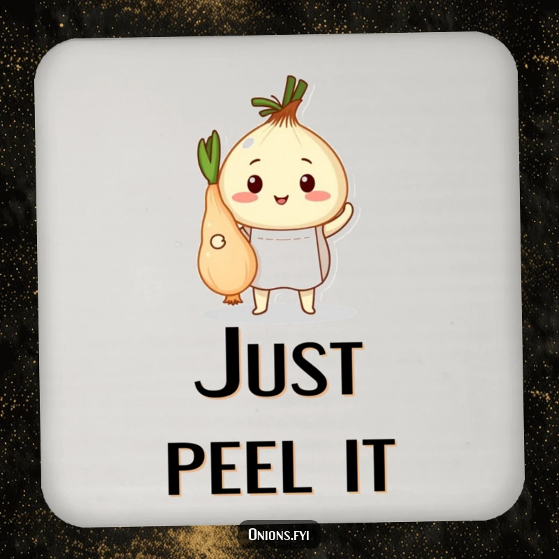 Funny drink coaster featuring an onion chef proudly presenting a peeled root vegetable, adding culinary humor to drink settings.