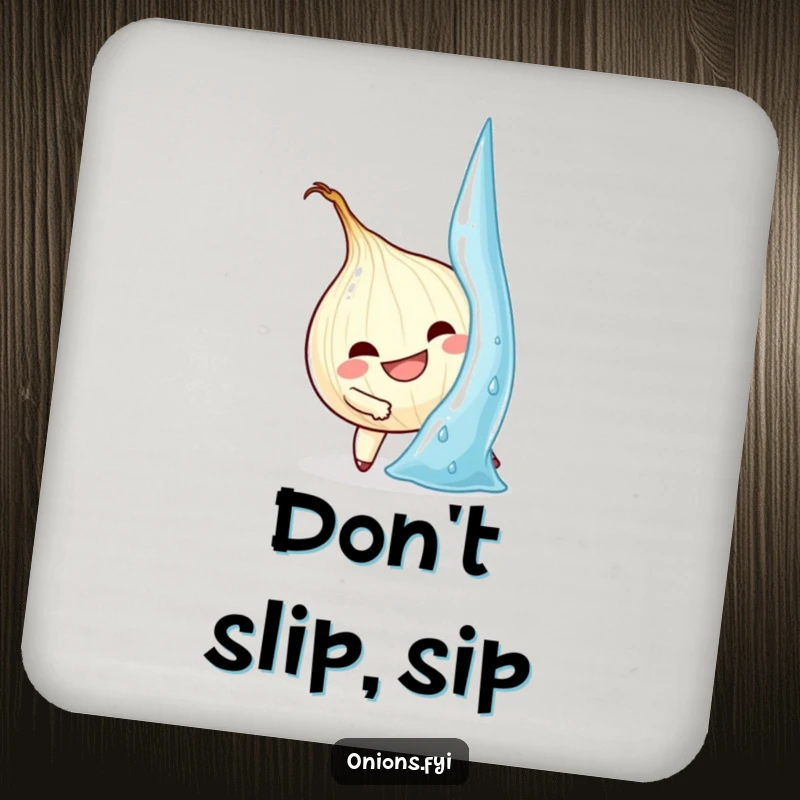 Funny Onion Coasters: Determined onion character climbs a colossal water droplet, offering protection and motivation.