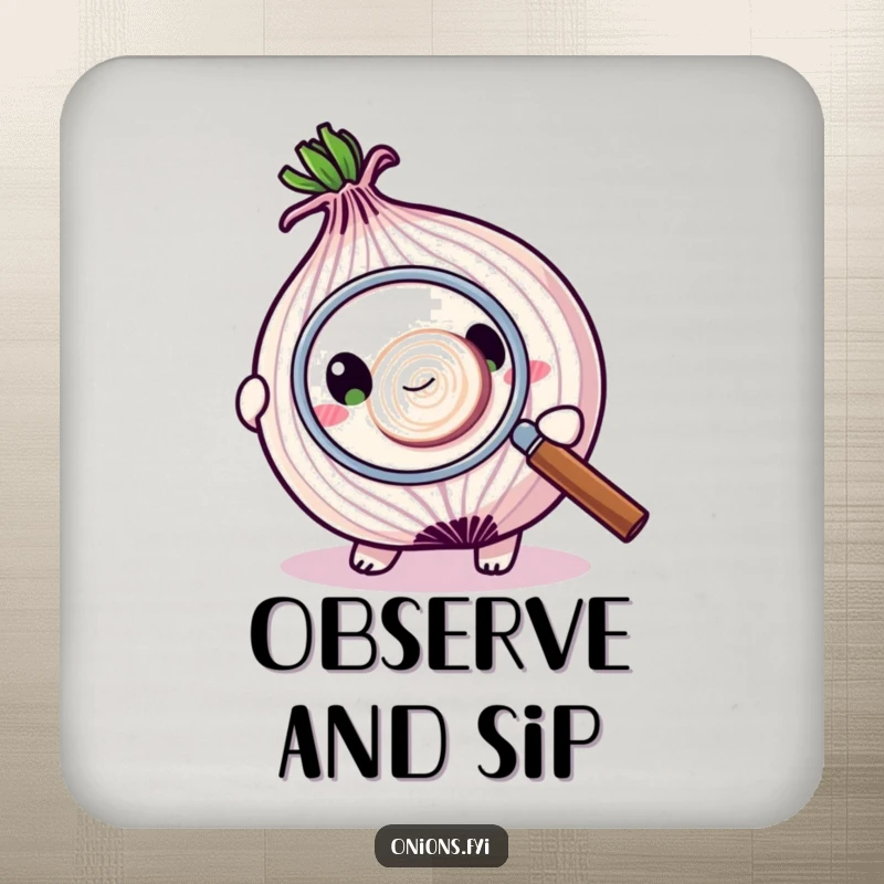 Funny drink coaster depicting an onion character using a magnifying glass to inspect a tiny onion slice, adding humor.