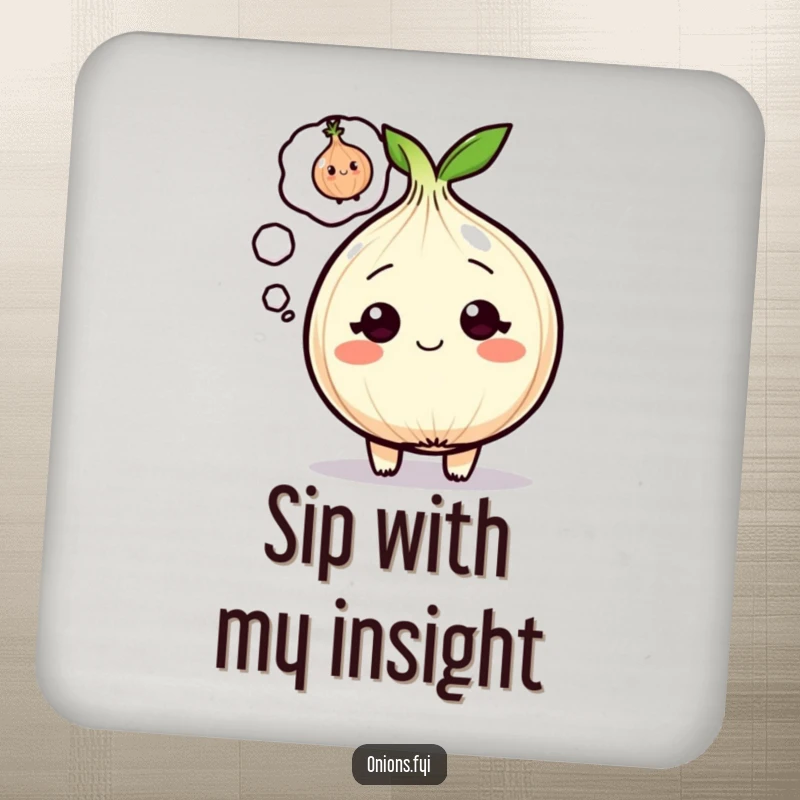 Funny Onion Coasters featuring a cartoon onion with a winking onion in its thought bubble, protecting surfaces with humor.