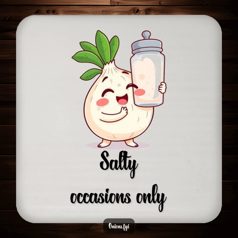 Funny Onion Coasters: Winking kawaii onion with a giant salt shaker protects surfaces with hilarious flair.