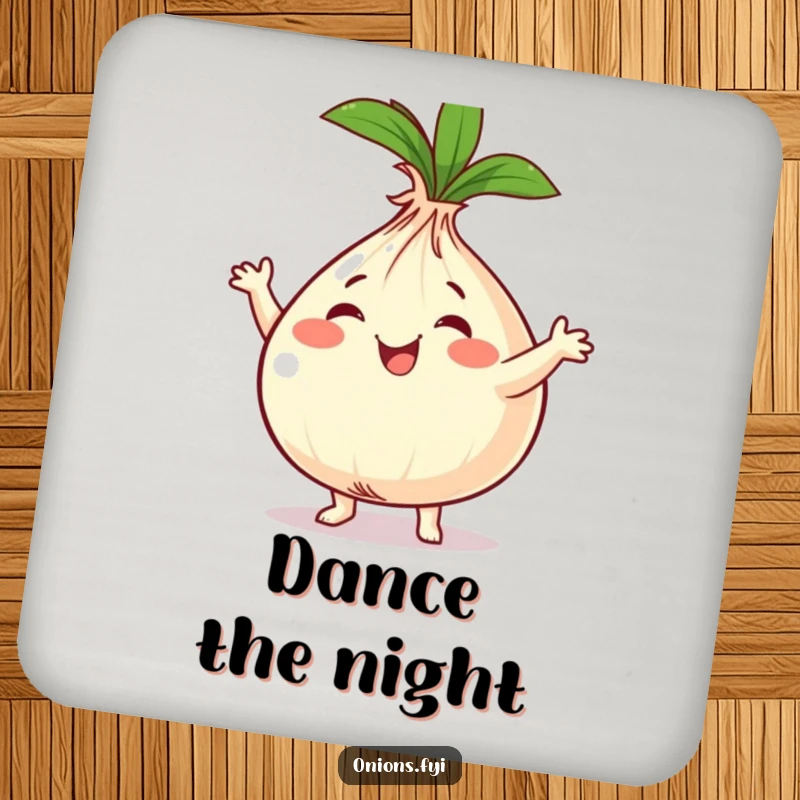 Funny onion character dancing on a drink coaster, adding a playful touch to tabletops.