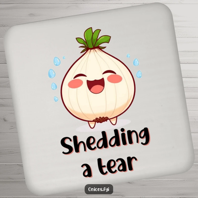 Funny drink coaster showing a laughing onion character with water droplets flying from its eyes, protecting surfaces with humor.