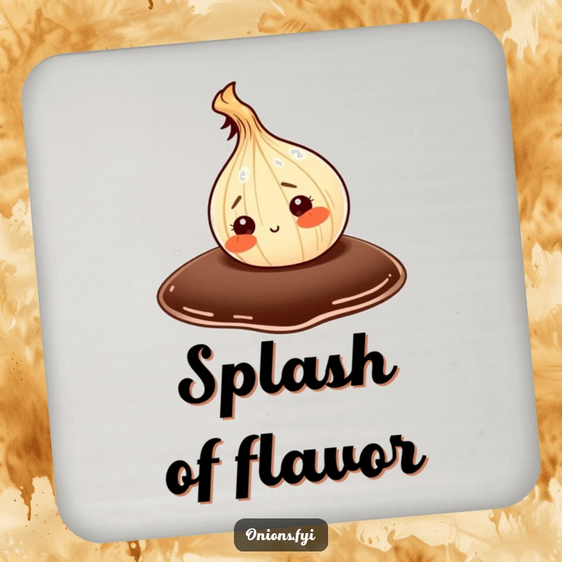 Funny drink coaster set showcasing an onion character exploring a giant drop of soy sauce, protecting surfaces with humor.