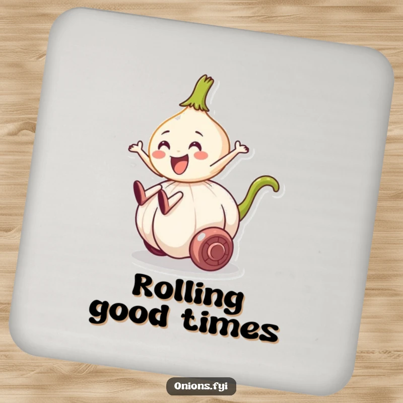 Funny drink coaster featuring an onion character riding a rolling garlic clove, adding a touch of humorous veggie fun.