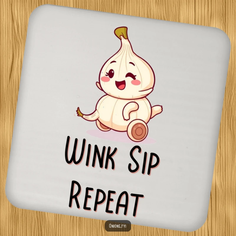 Funny coaster featuring an onion character winking while riding a rolling garlic clove, a humorous surface protector.