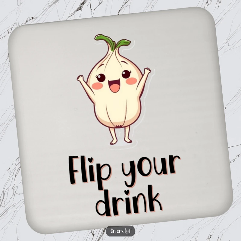 Funny drink coaster featuring a cute onion character in a headstand, serving as a humorous and functional protector for tabletops.
