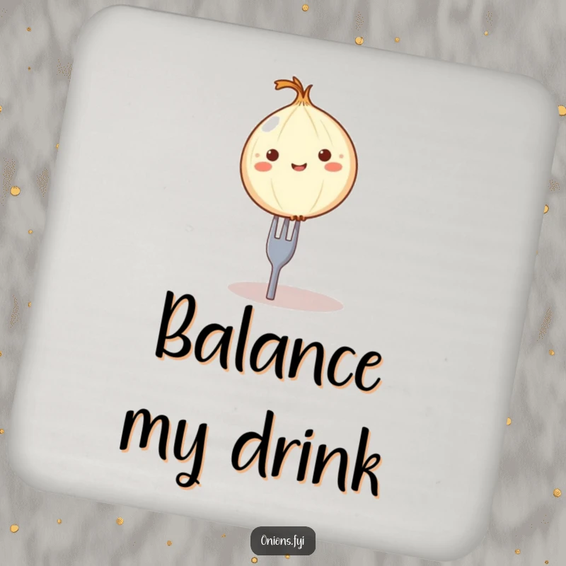Funny onion on fork coaster, a round onion character precariously balanced on a tiny fork, protects surfaces with humor.
