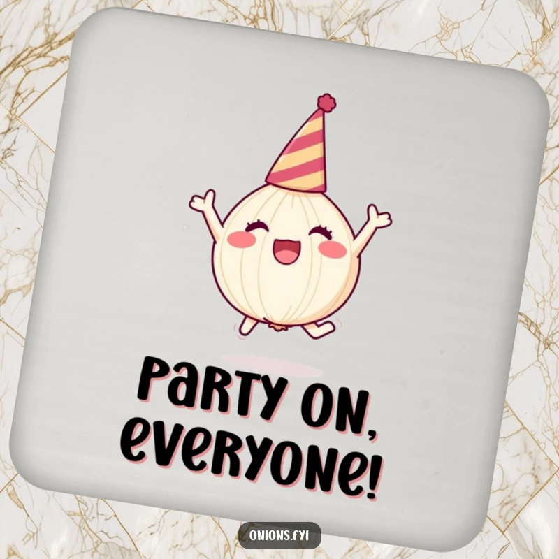 Funny onion character in party hat, leaping joyfully, drink coaster, festive and funny gift.