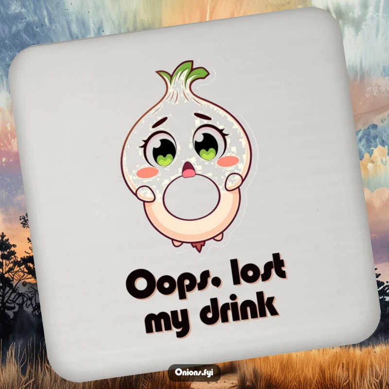Funny onion character surprised, dropping large onion ring, drink coaster, humorous and funny gift.