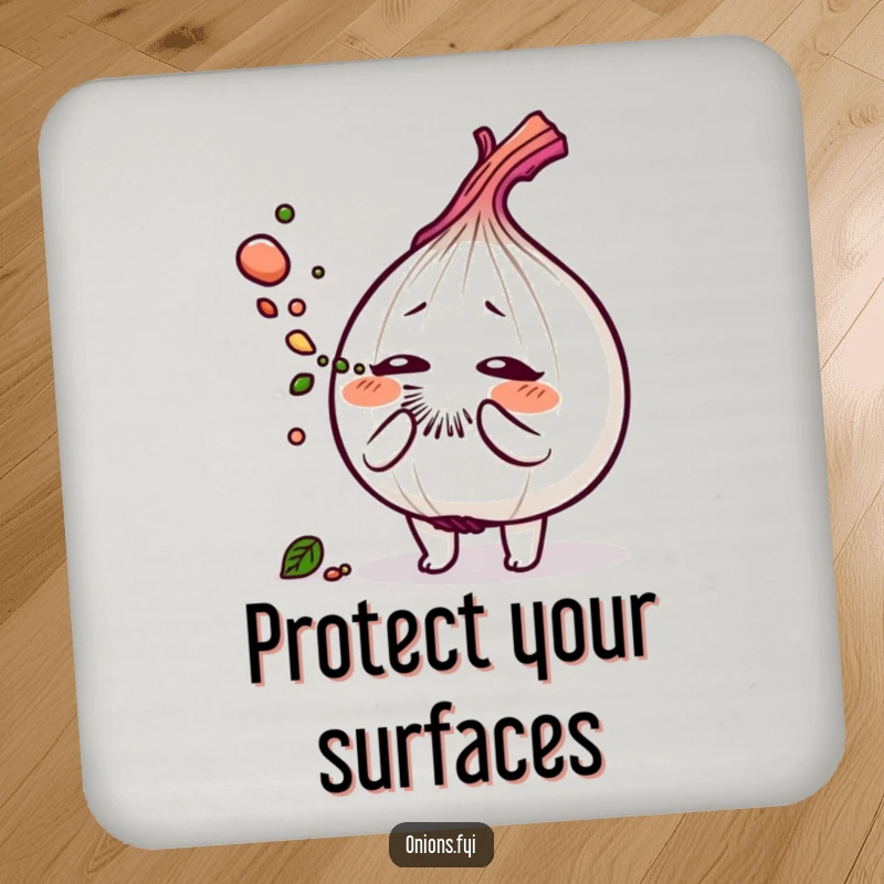 Funny drink coaster with an onion character sneezing a cloud of savory herb dust, protecting your surfaces humorously.