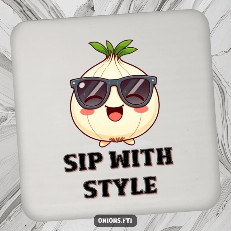 Funny Onion Coasters: Giggling onion character wearing oversized comical sunglasses, adding cool humor.