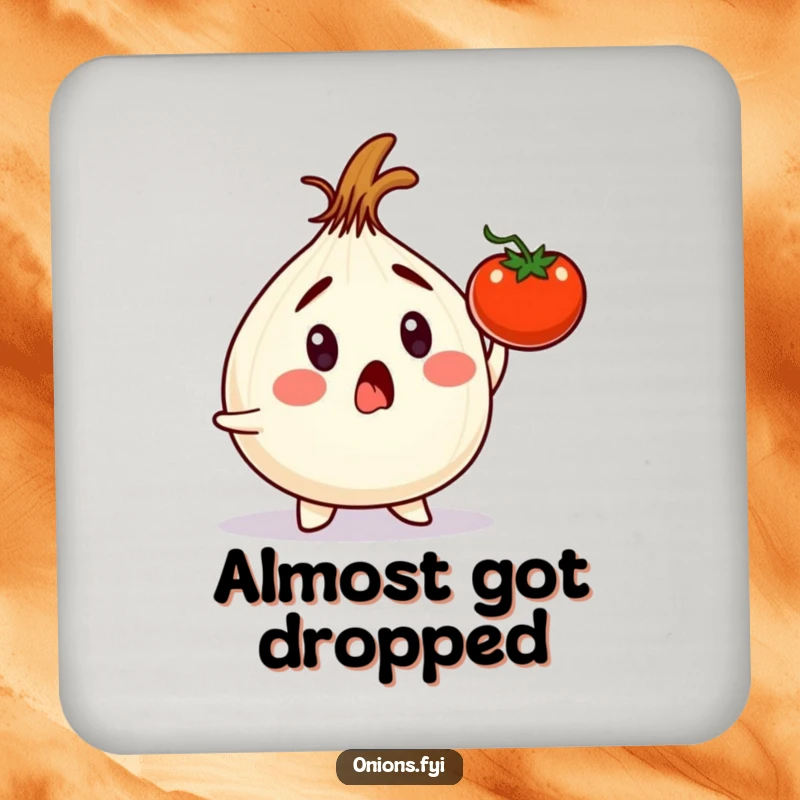 Funny onion character reacting to a falling tomato, printed on a drink coaster for funny gifts.