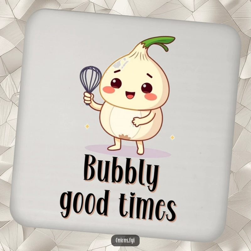 Funny drink coaster set featuring an onion character whisking a frothy concoction, adding kitchen humor and surface protection.