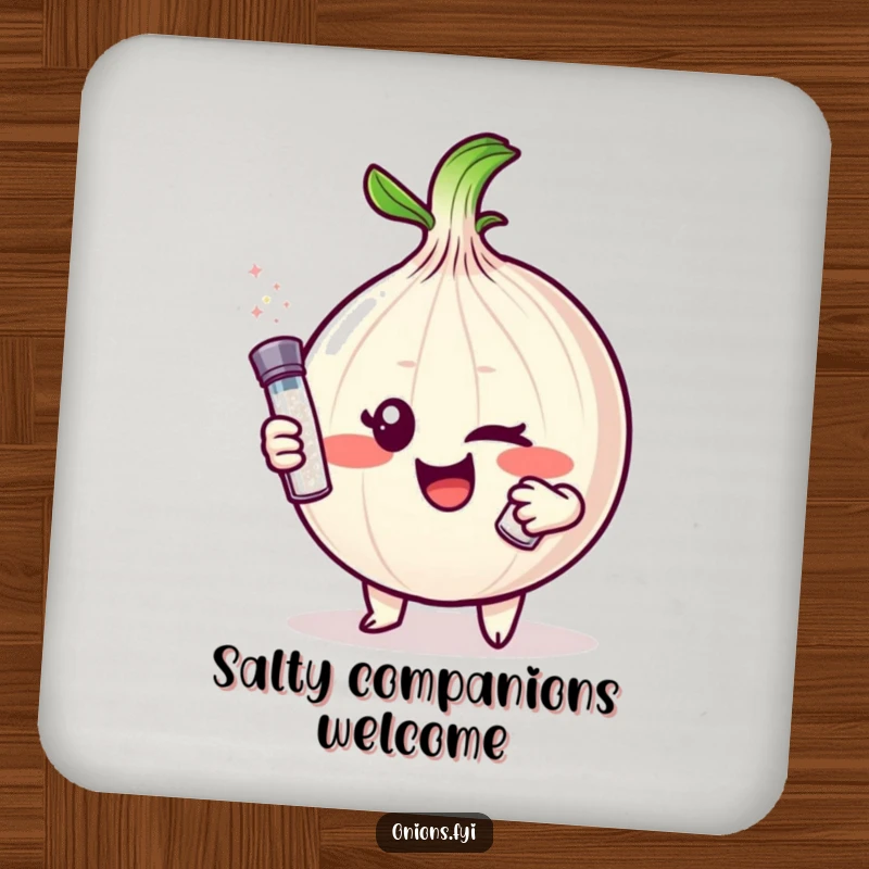 Funny Onion Coasters: Mischievous onion character winks, offering a tiny salt shaker, protecting surfaces with humor.