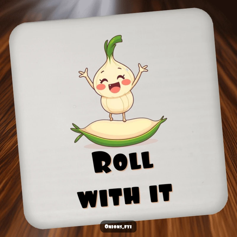 Funny onion character balancing on a rolling pea, a set of humorous drink coasters for table protection.