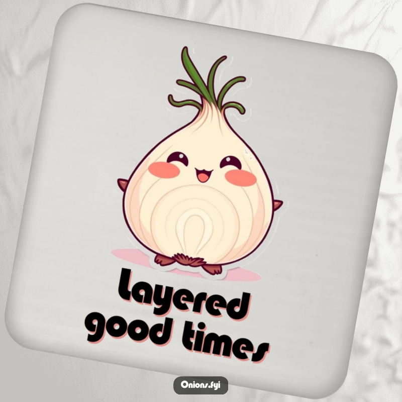 Funny onion character blushing with pride, displaying its layers on a drink coaster.
