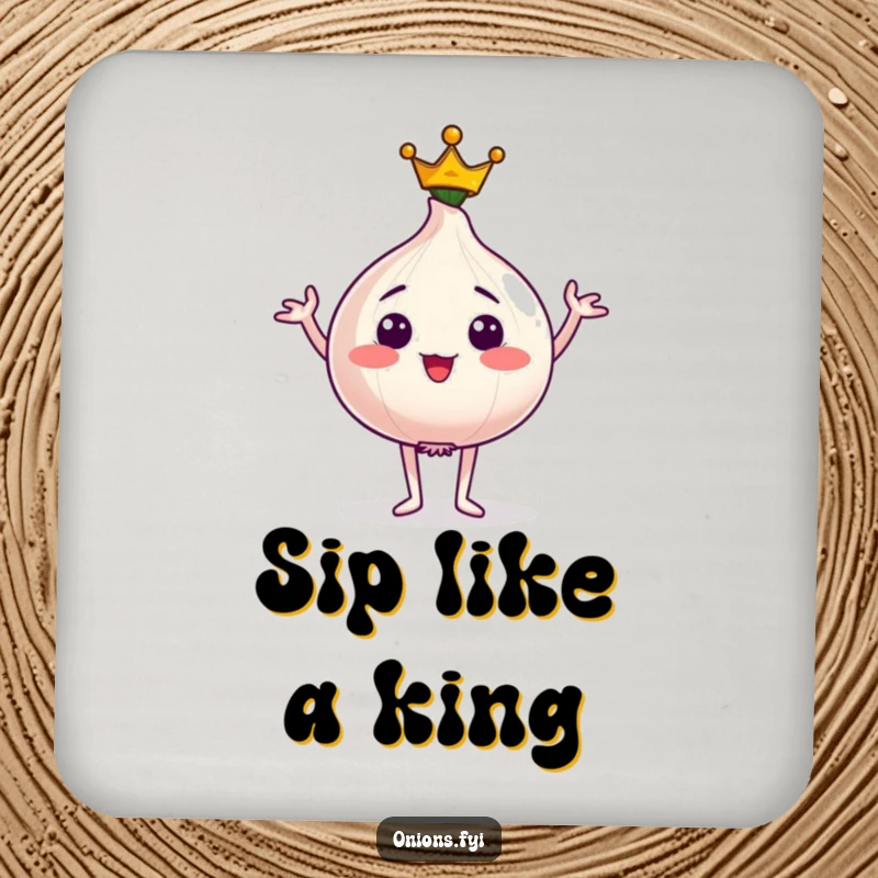 Funny drink coaster depicting a proud onion character wearing a tiny crown and striking a regal pose, adding humor.