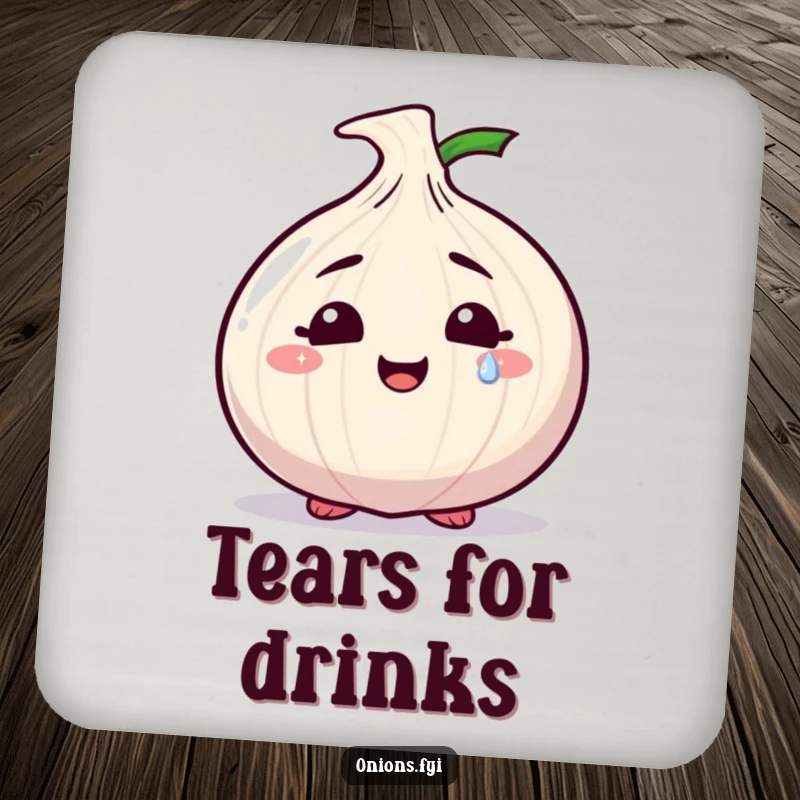 Funny drink coaster featuring a smiling onion character shedding a single, sparkly tear, offering protection with emotional flair.