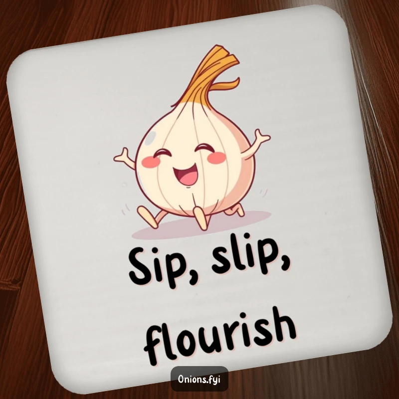 Funny drink coaster with a happy onion character tripping and landing with a comical flourish.