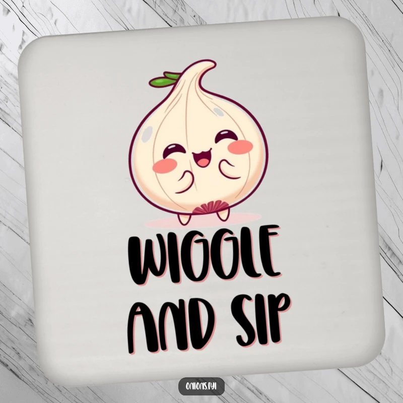 Funny Drink Coasters: Cute Kawaii onion character doing a silly wiggle, bringing charm and humor to any surface. Great funny gift.