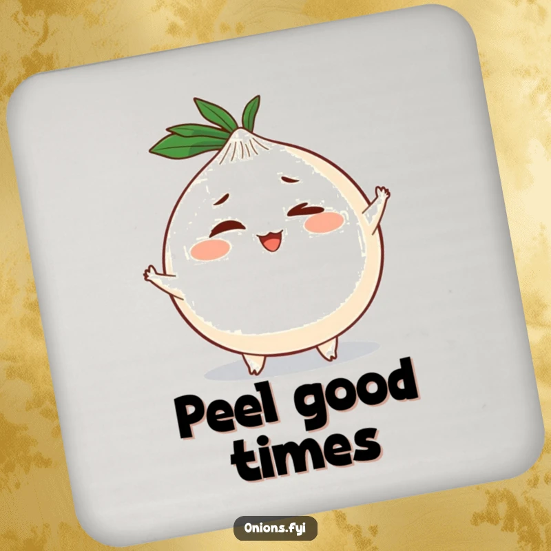 Funny drink coaster featuring a plump onion character with tiny limbs, giving a mischievous wink, protecting tables with humor.