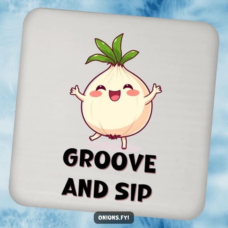 Funny Onion Coasters: Joyful onion character dances with a spinning leafy top, adding humor and protection.