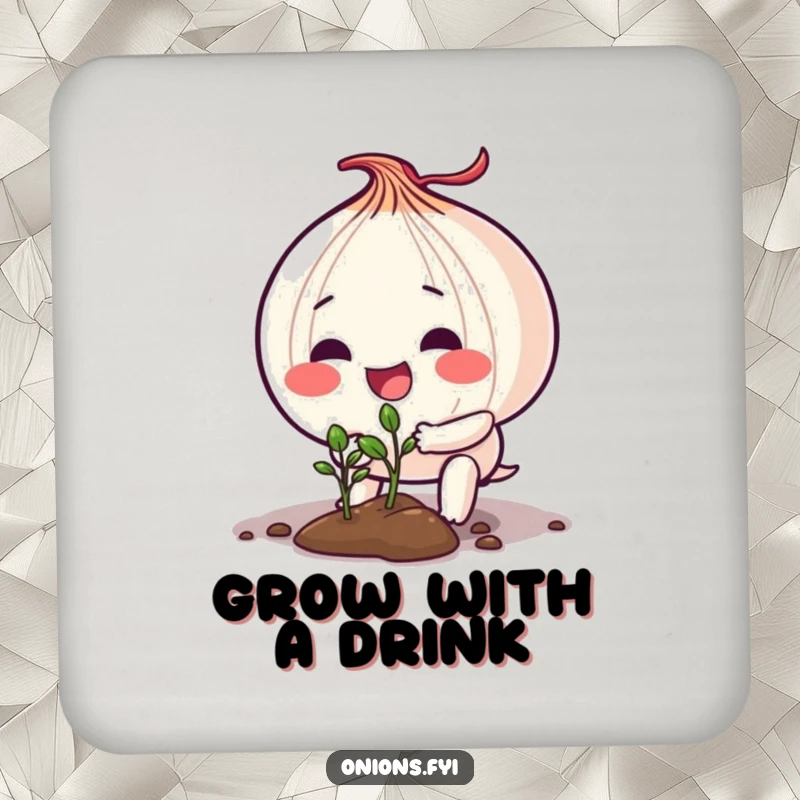 Funny drink coaster with an onion character planting a tiny seedling, adding a touch of nature and whimsy.